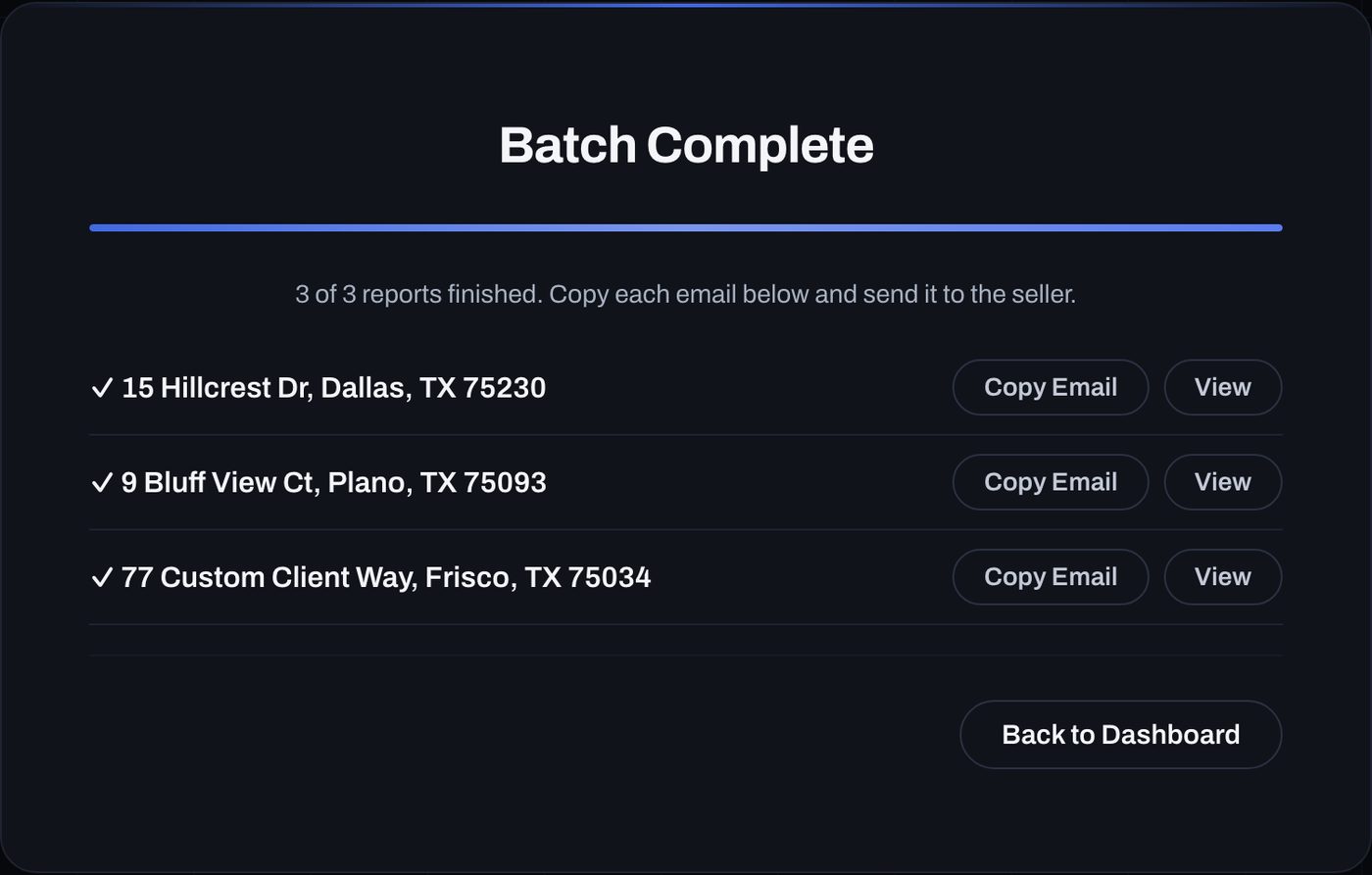 Batch Complete: three sample sellers listed with a check mark, a Copy Email button and a View button each