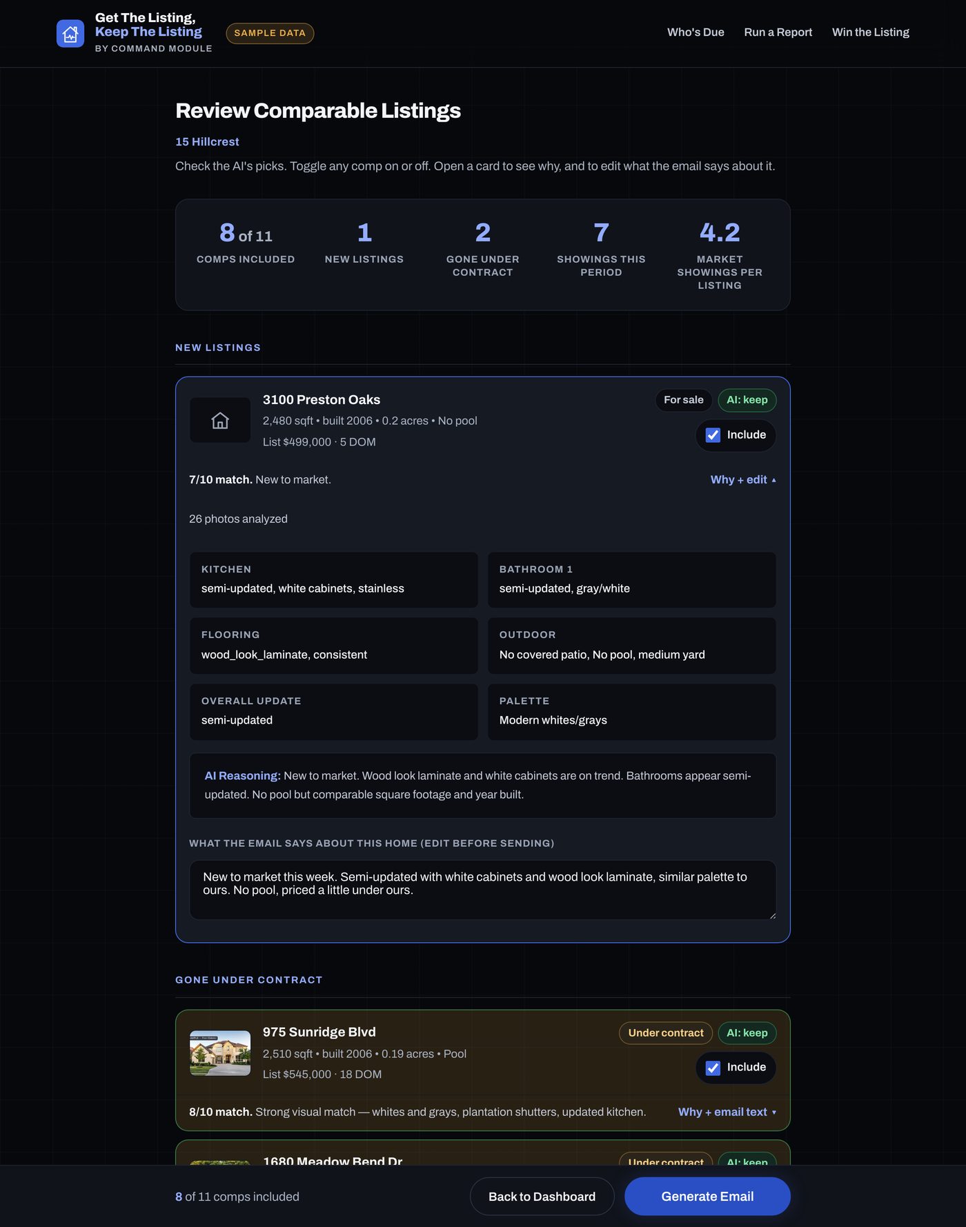 The Review Comparable Listings screen: new listings, status changes and existing comps, each with a score and an Include checkbox, and a Generate Email button