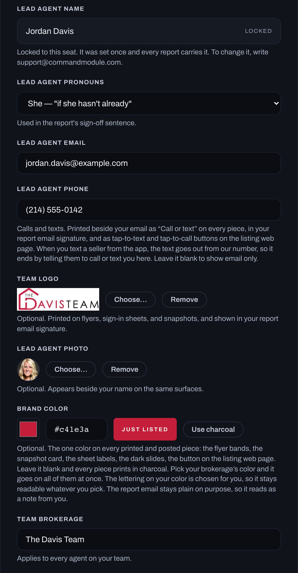 Settings in the browser dashboard: your name shown as locked, then contact details, logo, photo, brand color and brokerage, with sample values. No field for an MLS or showings password