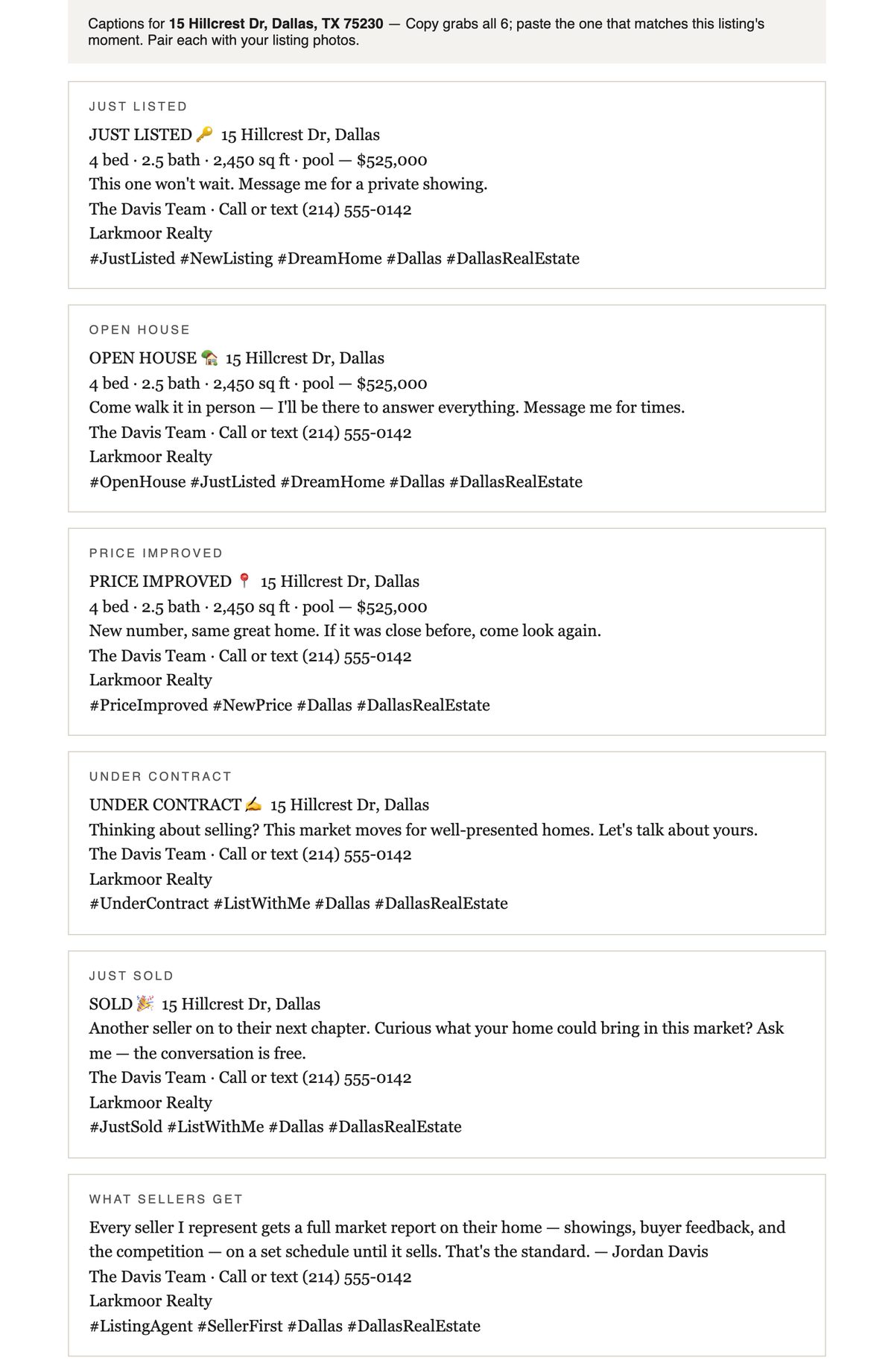 Social captions — ready-to-post captions written from the listing's data