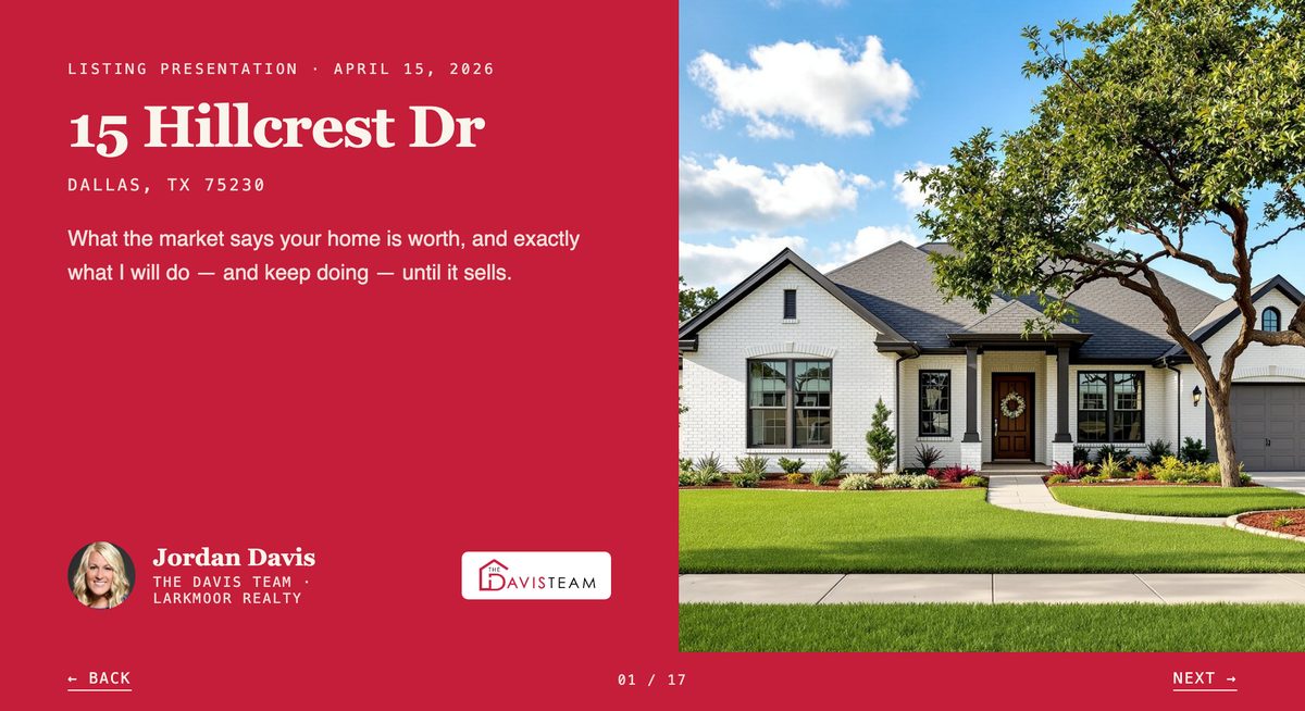 The interactive listing presentation's cover in the agent's color. It shows the address, a promise to the seller, the agent, and the front of the home.