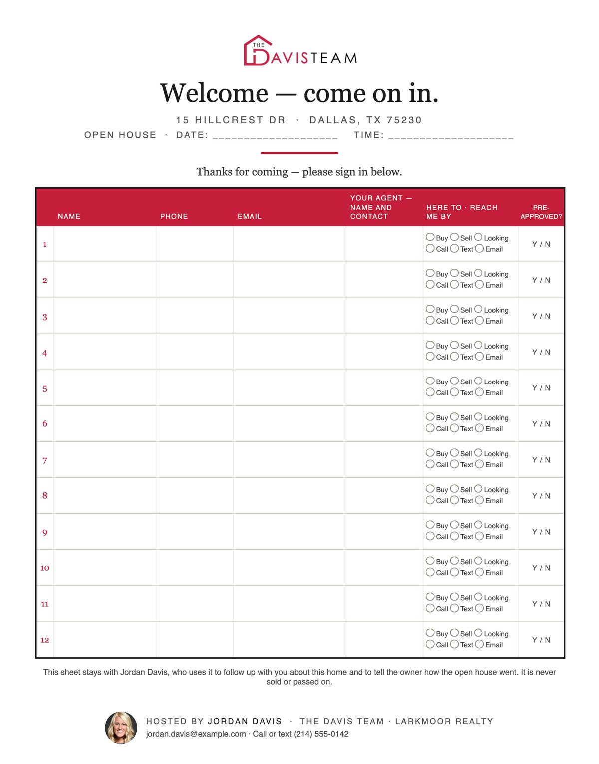 Open house sign-in sheet with the agent's name and privacy line